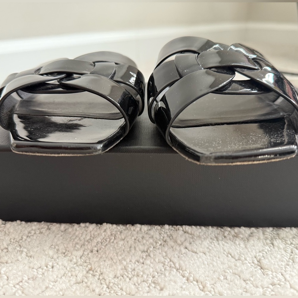 YSL Saint Laurent Black Patent Braided Slide Sandals - Picture 3 of 4